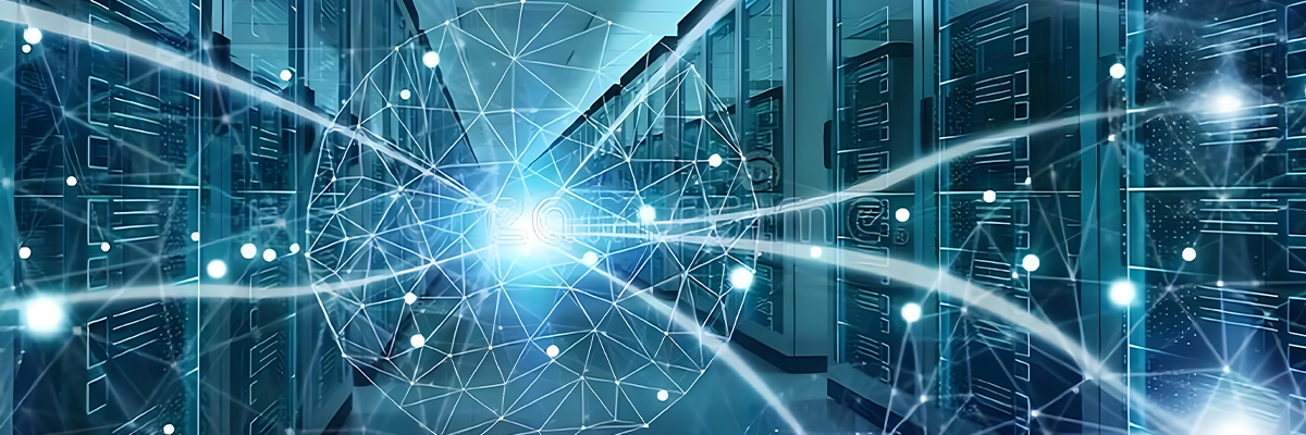 Data center interior with network equipment and fiber optic cables